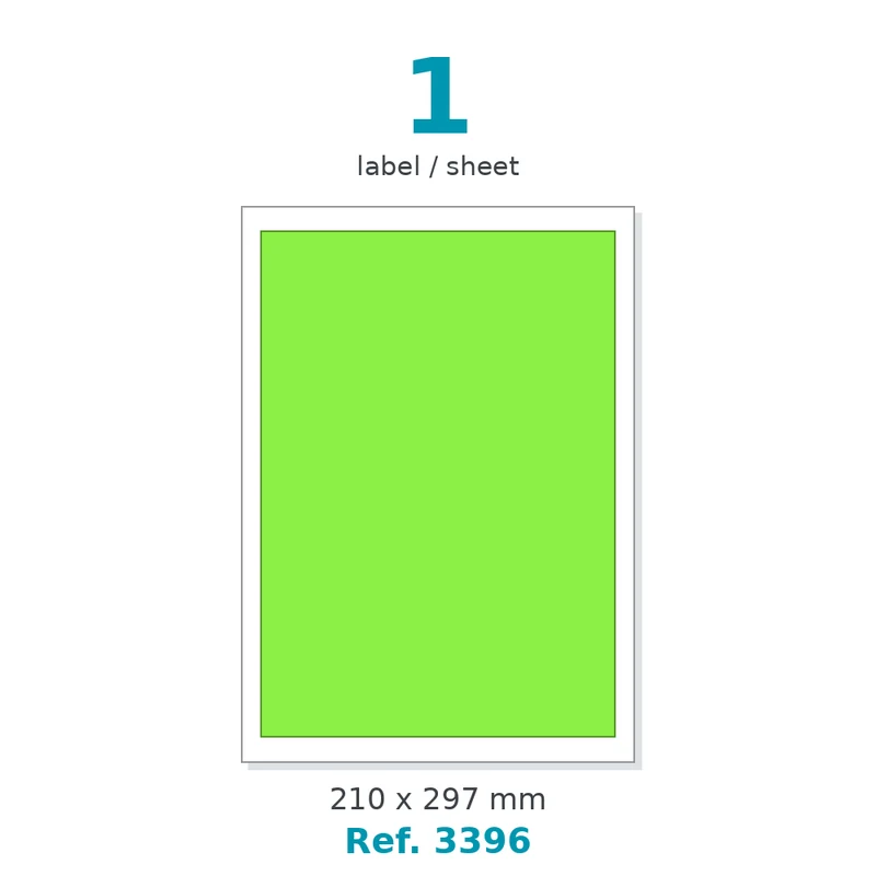 Planche A4 étiquettes velin fluo vert 210 x 297 mm - 1 étiq./planche - carton de 10 boîtes (100 planches/boîte) - Réf. 3396