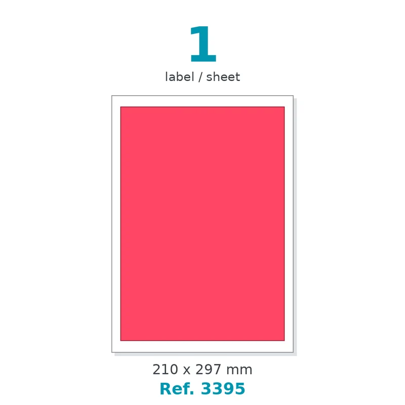 Planche A4 étiquettes velin fluo rouge 210 x 297 mm - 1 étiq./planche - carton de 10 boîtes (100 planches/boîte) - Réf. 3395
