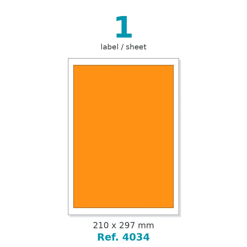 Planche A4 étiquettes velin fluo orange 210 x 297 mm - 1 étiq./planche - carton de 10 boîtes (100 planches/boîte) - Réf. 4034