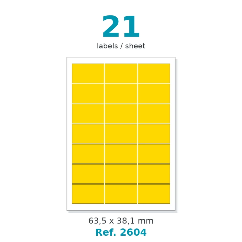 Planche A4 étiquettes velin couleur jaune opaque 63,5 x 38,1 mm - 21 étiq./planche - carton de 10 boîtes (100 planches/boîte) - Réf. 2604