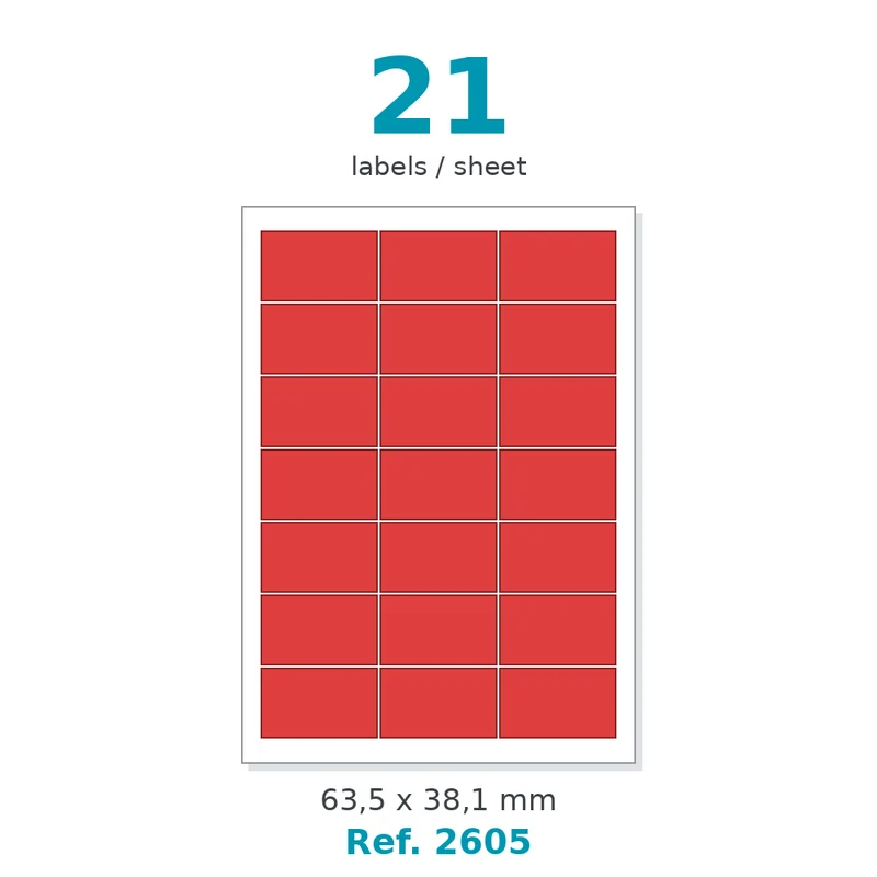 Planche A4 étiquettes velin couleur rouge opaque 63,5 x 38,1 mm - 21 étiq./planche - carton de 10 boîtes (100 planches/boîte) - Réf. 2605