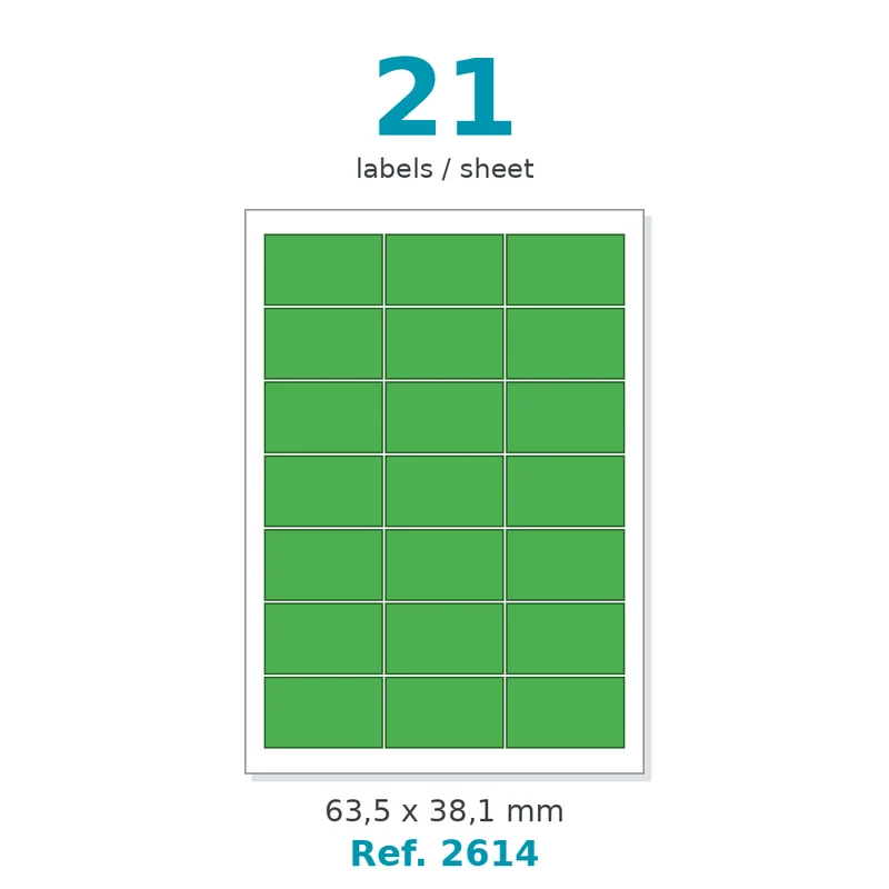 Planche A4 étiquettes velin couleur vert opaque 63,5 x 38,1 mm - 21 étiq./planche - carton de 10 boîtes (100 planches/boîte) - Réf. 2614