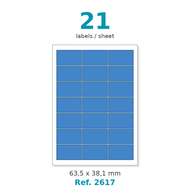 Planche A4 étiquettes velin couleur bleu opaque 63,5 x 38,1 mm - 21 étiq./planche - carton de 10 boîtes (100 planches/boîte) - Réf. 2617