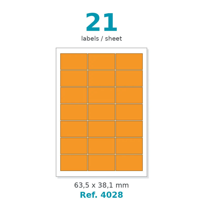 Planche A4 étiquettes velin couleur orange opaque 63,5 x 38,1 mm - 21 étiq./planche - carton de 10 boîtes (100 planches/boîte) - Réf. 4028