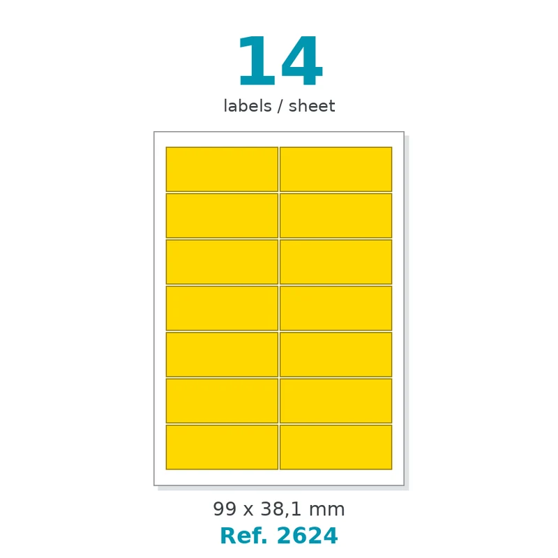 Planche A4 étiquettes velin couleur jaune opaque 99 x 38,1 mm - 14 étiq./planche - carton de 10 boîtes (100 planches/boîte) - Réf. 2624