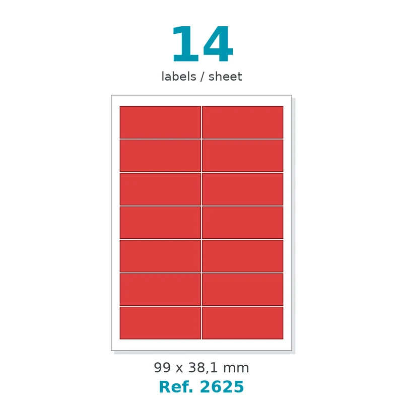 Planche A4 étiquettes velin couleur rouge opaque 99 x 38,1 mm - 14 étiq./planche - carton de 10 boîtes (100 planches/boîte) - Réf. 2625