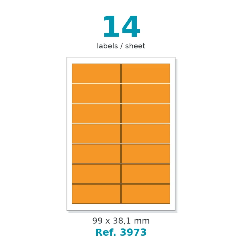 Planche A4 étiquettes velin couleur orange opaque 99 x 38,1 mm - 14 étiq./planche - carton de 10 boîtes (100 planches/boîte) - Réf. 3973