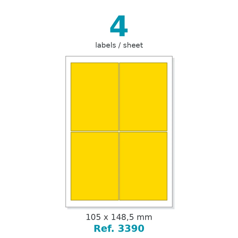 Planche A4 étiquettes velin couleur jaune opaque 105 x 148,5 mm - 4 étiq./planche - carton de 10 boîtes (100 planches/boîte) - Réf. 3390