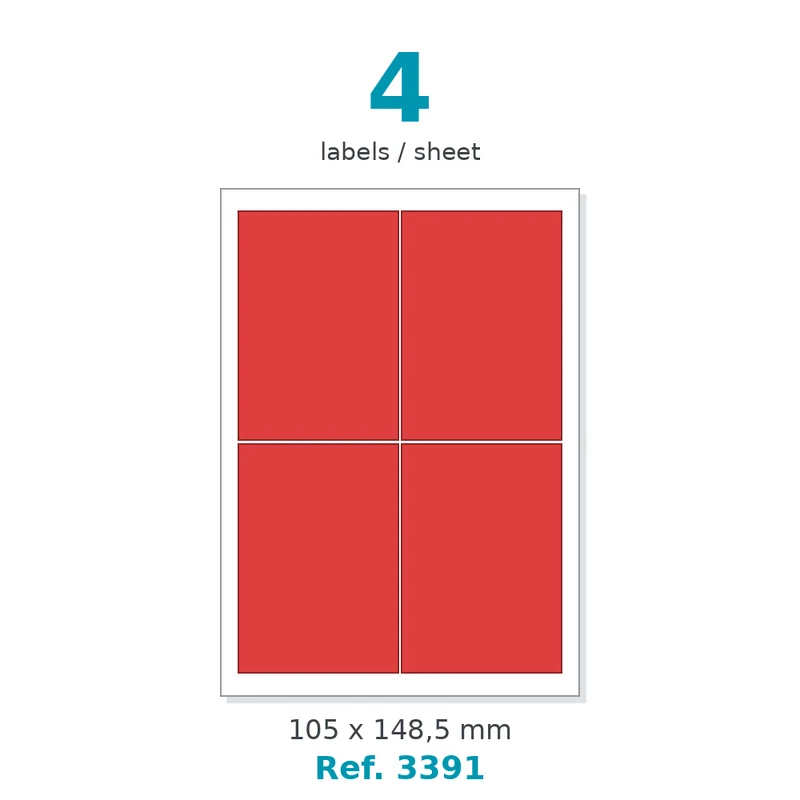 Planche A4 étiquettes velin couleur rouge opaque 105 x 148,5 mm - 4 étiq./planche - carton de 10 boîtes (100 planches/boîte) - Réf. 3391