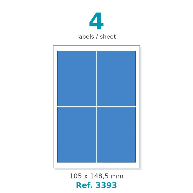 Planche A4 étiquettes velin couleur bleu opaque 105 x 148,5 mm - 4 étiq./planche - carton de 10 boîtes (100 planches/boîte) - Réf. 3393