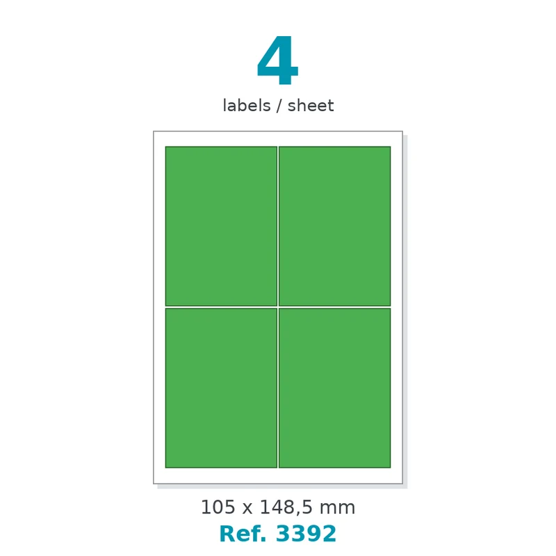 Planche A4 étiquettes velin couleur vert opaque 105 x 148,5 mm - 4 étiq./planche - carton de 10 boîtes (100 planches/boîte) - Réf. 3392