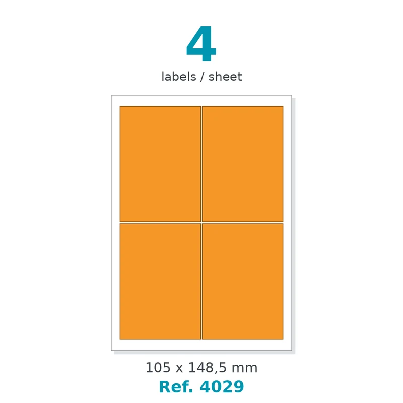 Planche A4 étiquettes velin couleur orange opaque 105 x 148,5 mm - 4 étiq./planche - carton de 10 boîtes (100 planches/boîte) - Réf. 4029
