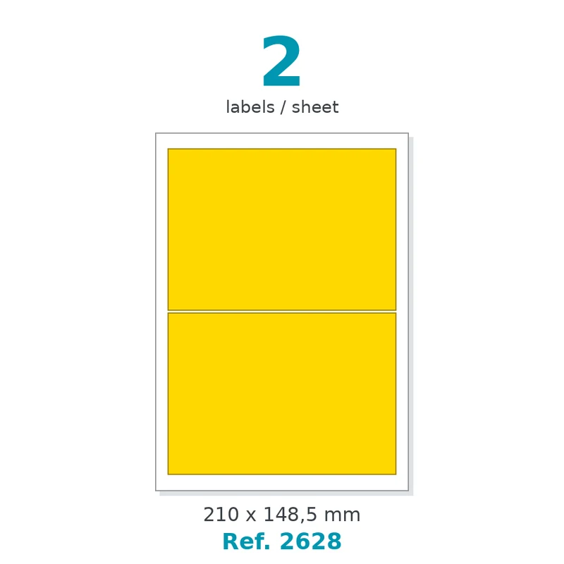 Planche A4 étiquettes velin couleur jaune opaque 210 x 148,5 mm - 2 étiq./planche - carton de 10 boîtes (100 planches/boîte) - Réf. 2628