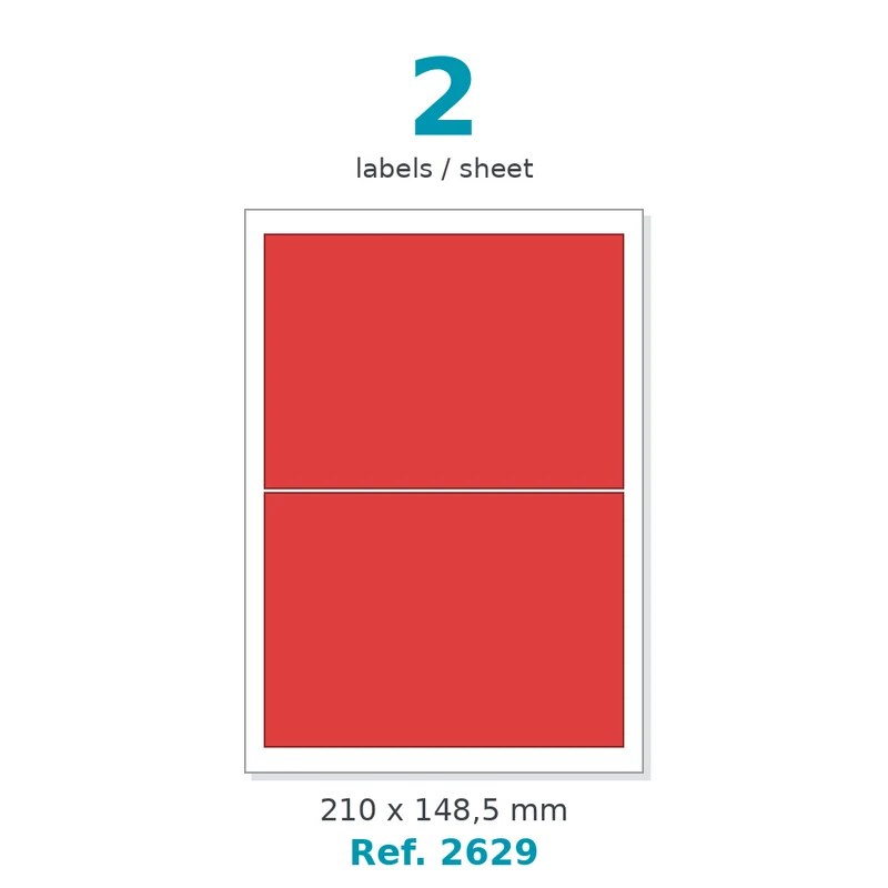Planche A4 étiquettes velin couleur rouge opaque 210 x 148,5 mm - 2 étiq./planche - carton de 10 boîtes (100 planches/boîte) - Réf. 2629