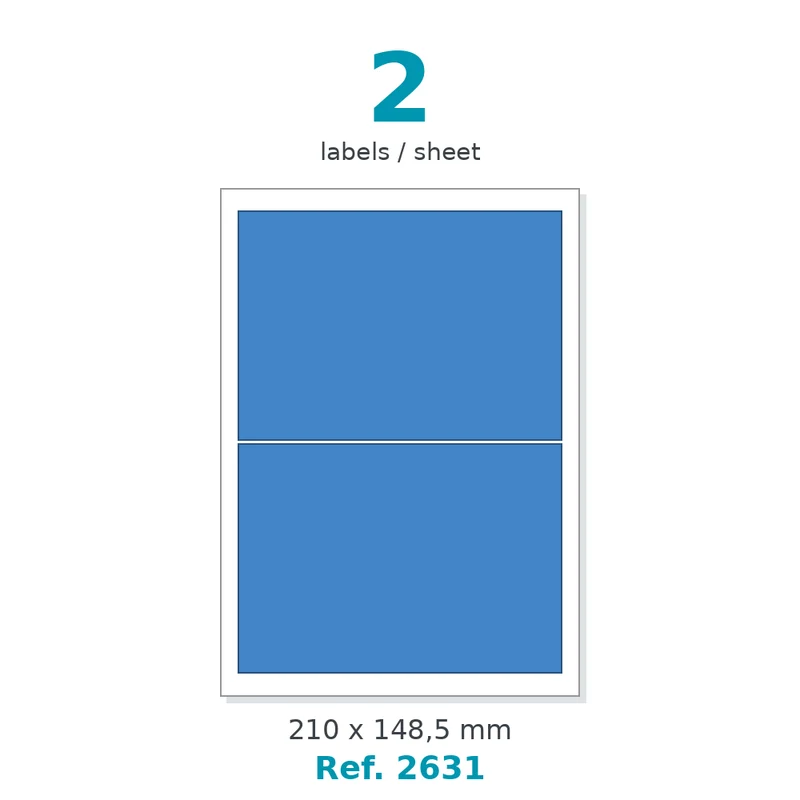 Planche A4 étiquettes velin couleur bleu opaque 210 x 148,5 mm - 2 étiq./planche - carton de 10 boîtes (100 planches/boîte) - Réf. 2631