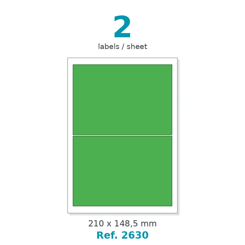 Planche A4 étiquettes velin couleur vert opaque 210 x 148,5 mm - 2 étiq./planche - carton de 10 boîtes (100 planches/boîte) - Réf. 2630