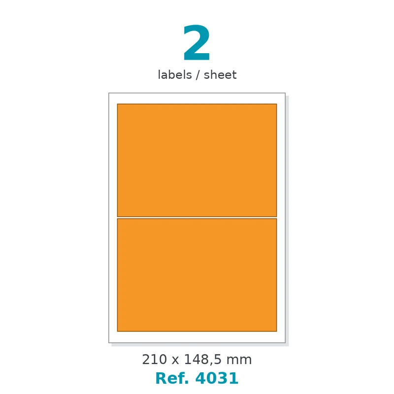 Planche A4 étiquettes velin couleur orange opaque 210 x 148,5 mm - 2 étiq./planche - carton de 10 boîtes (100 planches/boîte) - Réf. 4031