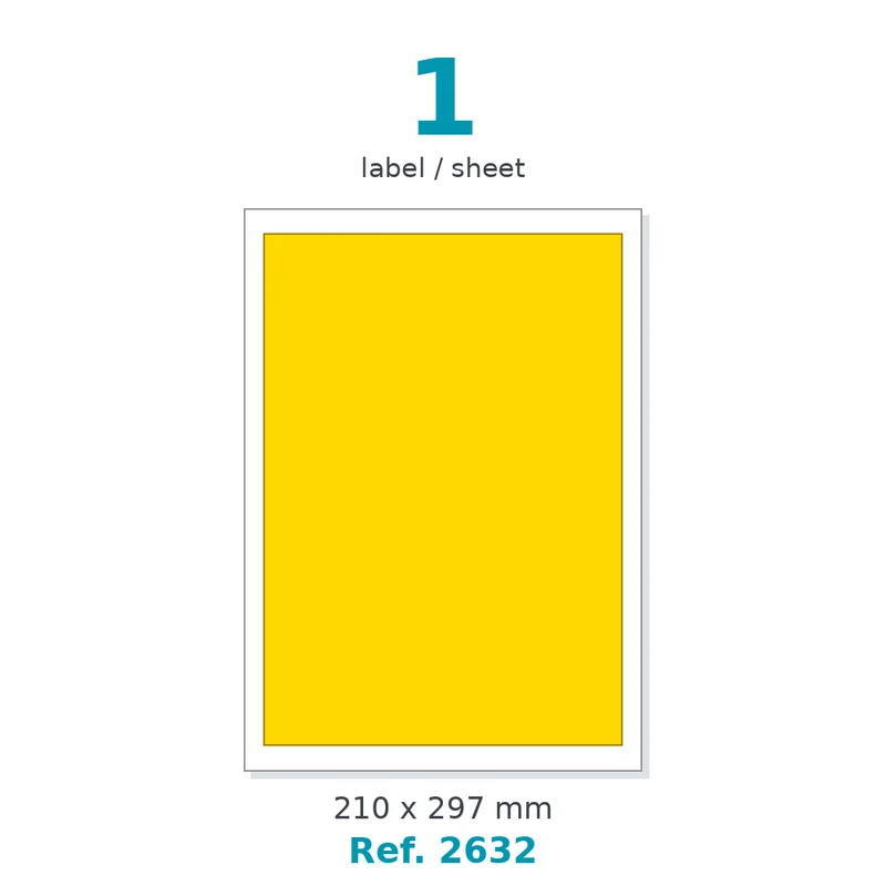 Planche A4 étiquettes velin couleur jaune opaque 210 x 297 mm - 1 étiq./planche - carton de 10 boîtes (100 planches/boîte) - Réf. 2632