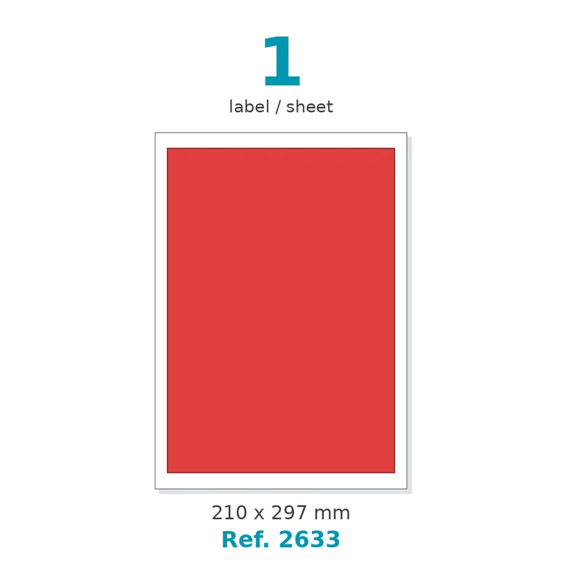 Planche A4 étiquettes velin couleur rouge opaque 210 x 297 mm - 1 étiq./planche - carton de 10 boîtes (100 planches/boîte) - Réf. 2633