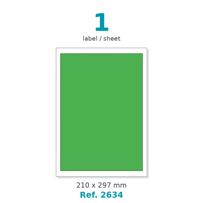 Planche A4 étiquettes velin couleur vert opaque 210 x 297 mm - 1 étiq./planche - carton de 10 boîtes (100 planches/boîte) - Réf. 2634