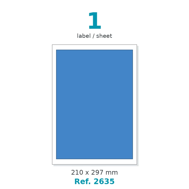 Planche A4 étiquettes velin couleur bleu opaque 210 x 297 mm - 1 étiq./planche - carton de 10 boîtes (100 planches/boîte) - Réf. 2635