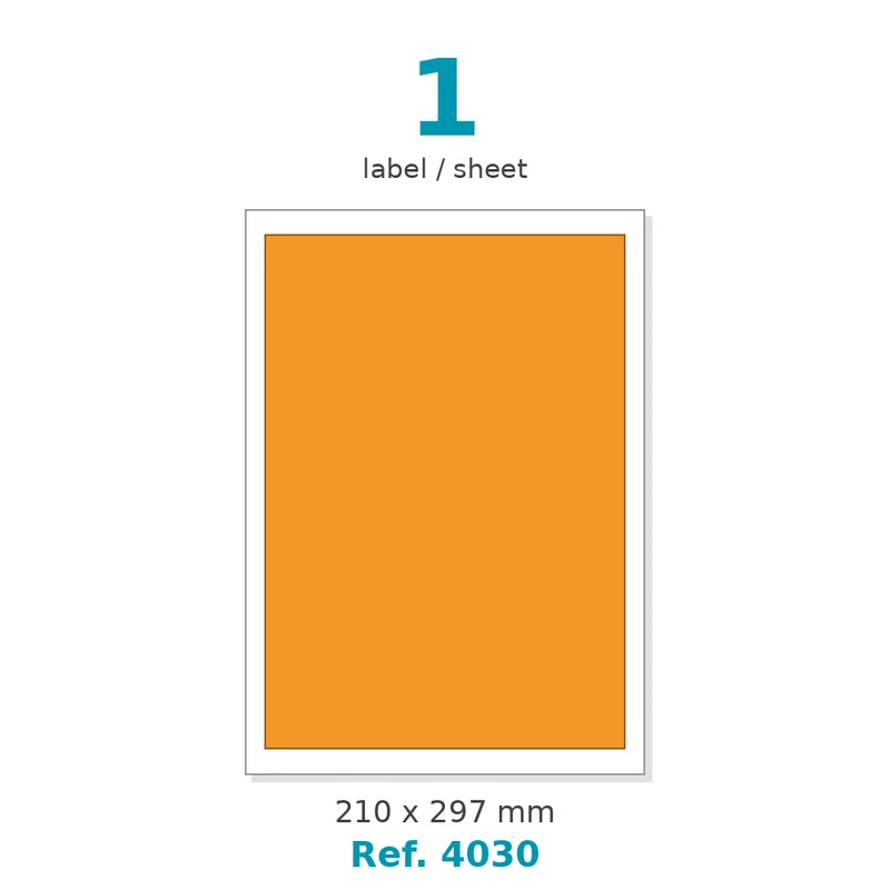 Planche A4 étiquettes velin couleur orange opaque 210 x 297 mm - 1 étiq./planche - carton de 10 boîtes (100 planches/boîte) - Réf. 4030