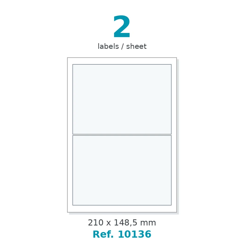 Planche A4 étiquettes polyester blanc mat 210 x 148,5 mm - 2 étiq./planche - carton de 10 boîtes (400 planches/boîte) - Réf. 10136