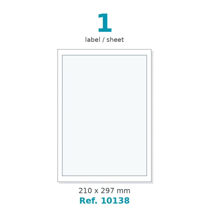 Planche A4 étiquettes polyester blanc mat 210 x 297 mm - 1 étiq./planche - carton de 10 boîtes (400 planches/boîte) - Réf. 10138
