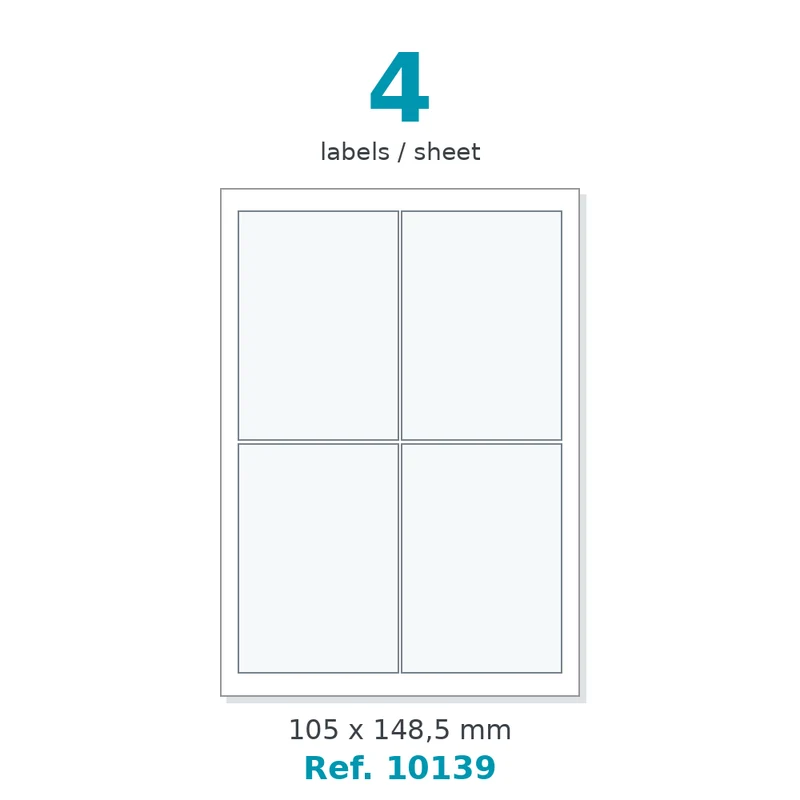 Planche A4 étiquettes polyester blanc mat 105 x 148,5 mm - 4 étiq./planche - carton de 10 boîtes (400 planches/boîte) - Réf. 10139