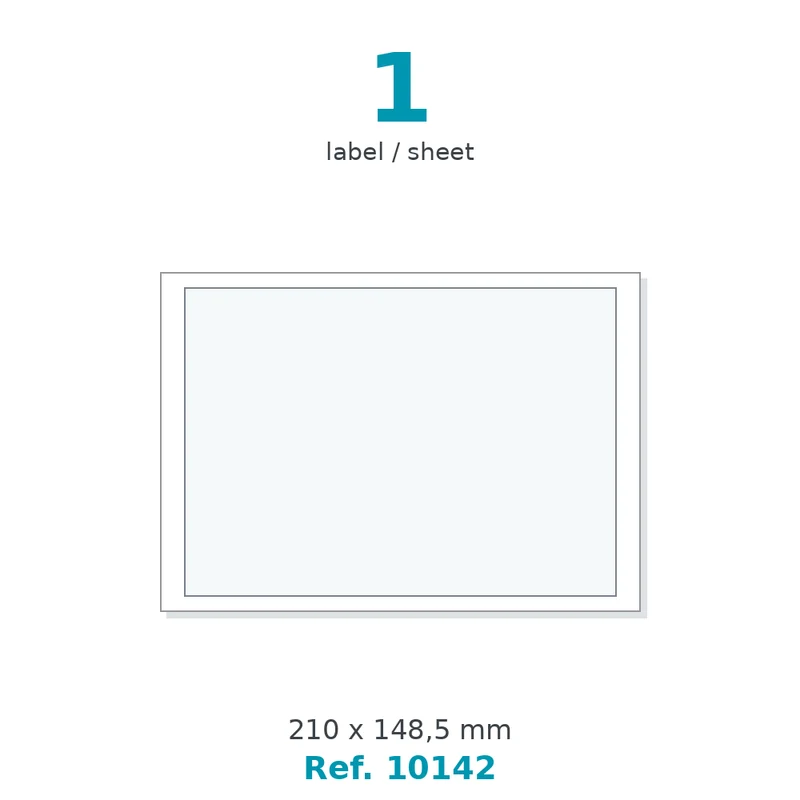 Planche A5 étiquettes polyester blanc mat 210 x 148,5 mm - 1 étiq./planche - carton de 10 boîtes (800 planches/boîte) - Réf. 10142