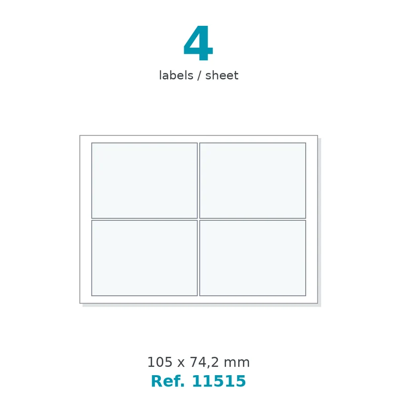 Planche A5 étiquettes polyester blanc mat 105 x 74,2 mm - 4 étiq./planche - carton de 10 boîtes (800 planches/boîte) - Réf. 11515