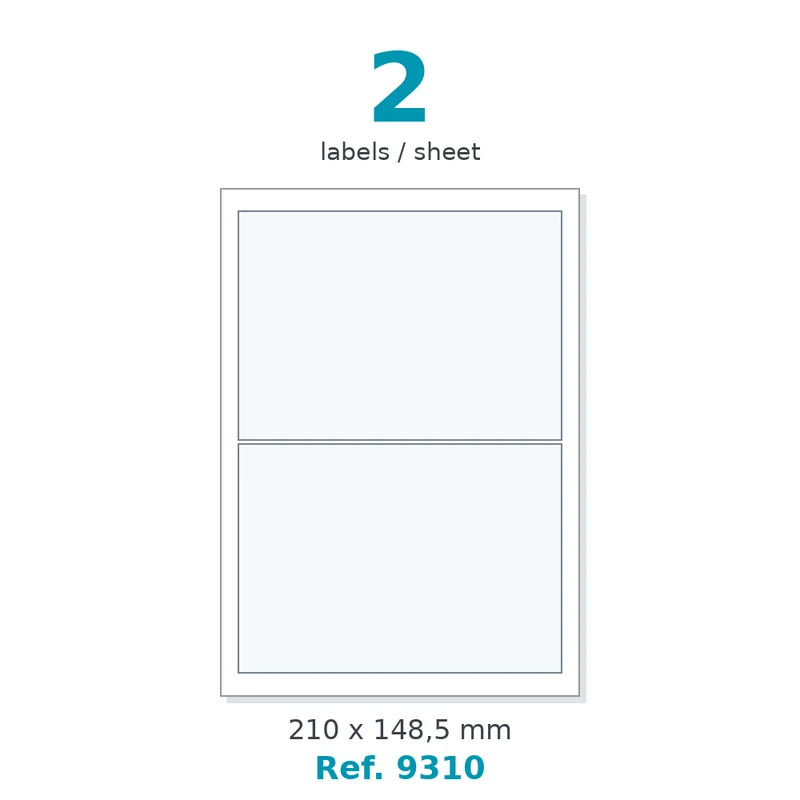 Planche A4 étiquettes velin blanc 210 x 148,5 mm - 2 étiq./planche - carton de 10 boîtes (500 planches/boîte) - Réf. 9310