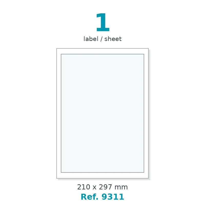 Planche A4 étiquettes velin blanc 210 x 297 mm - 1 étiq./planche - carton de 10 boîtes (500 planches/boîte) - Réf. 9311