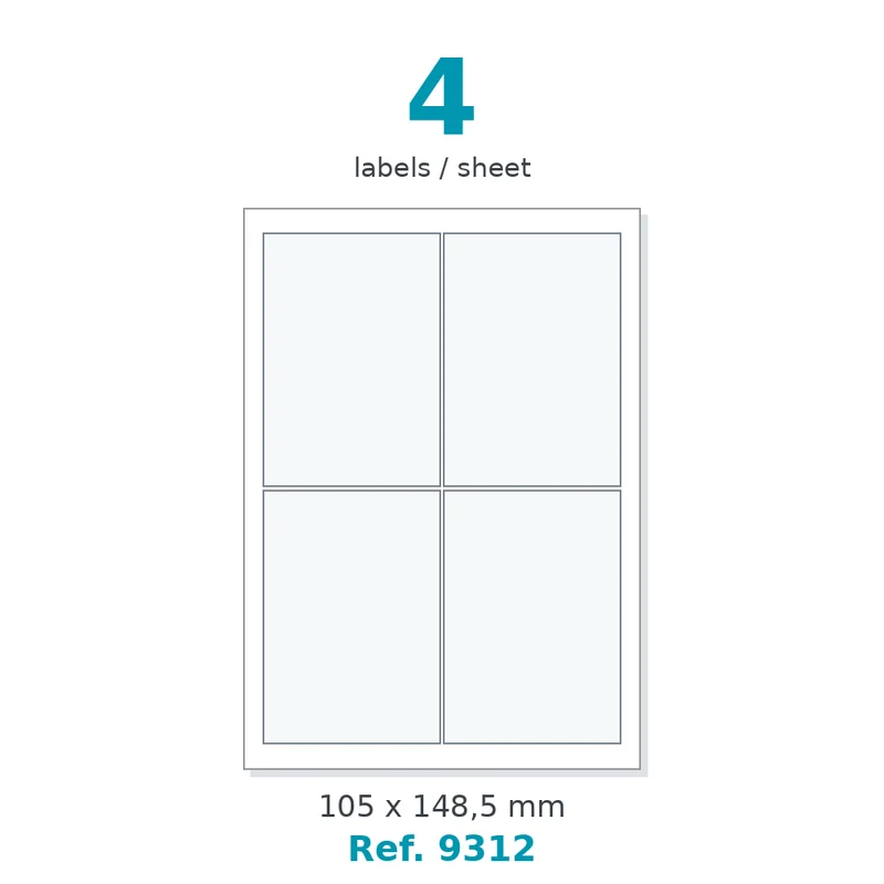 Planche A4 étiquettes velin blanc 105 x 148,5 mm - 4 étiq./planche - carton de 10 boîtes (500 planches/boîte) - Réf. 9312