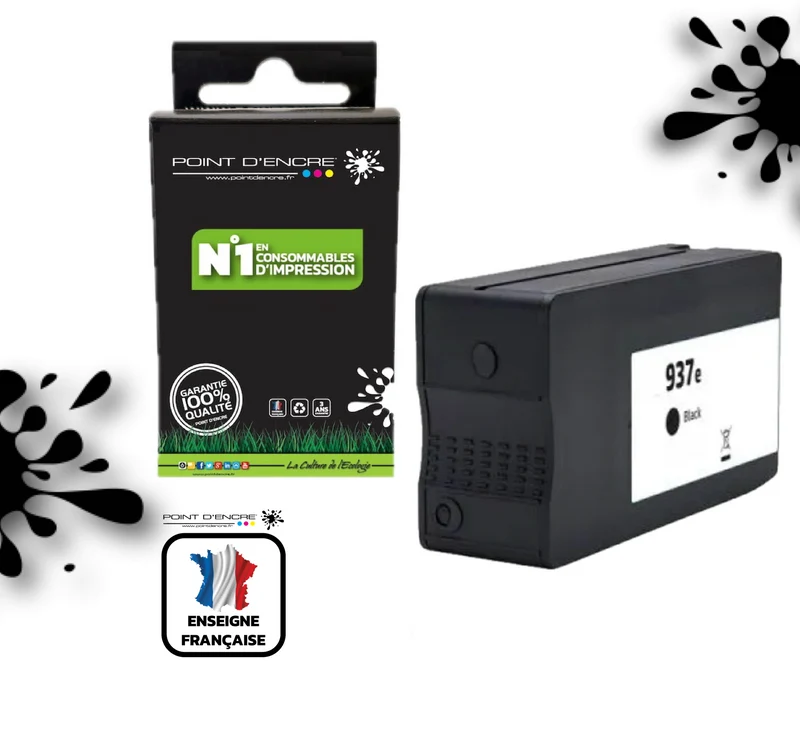 937eXL - NOIR - Grande capacité de Marque Française POINT D'ENCRE Pour imprimante compatible HP (cehp)