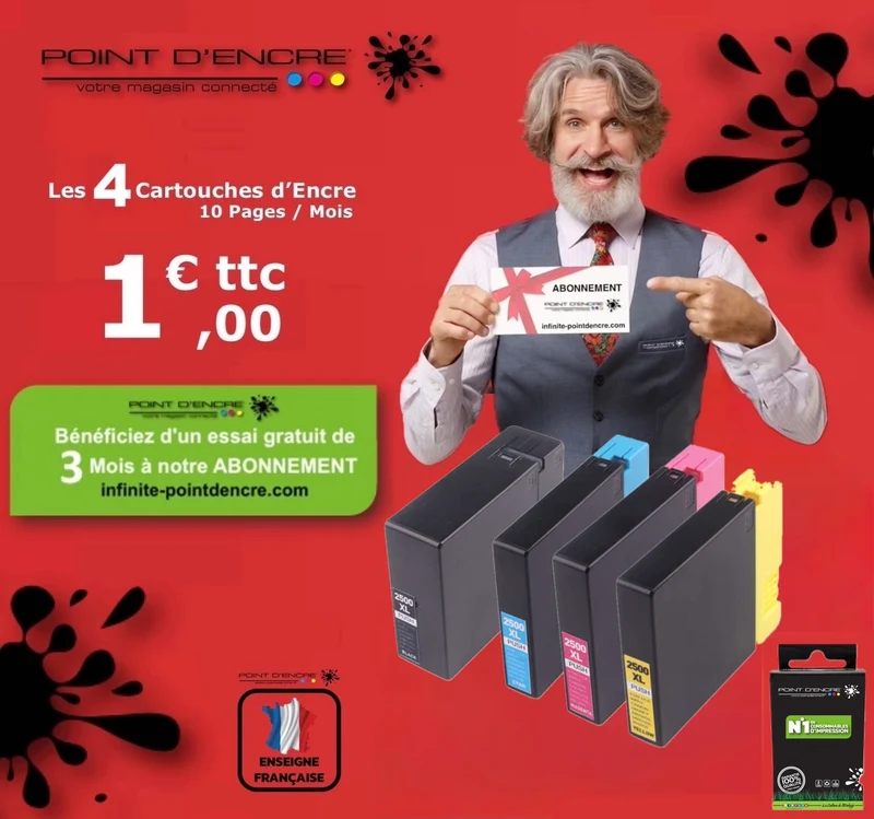 PGI-2500XL - ABONNEMENT - Pack Noir / Cyan / Magenta / Jaune - Grande capacité de Marque Francaise POINT D'ENCRE Pour imprimante compatible CANON (cec)