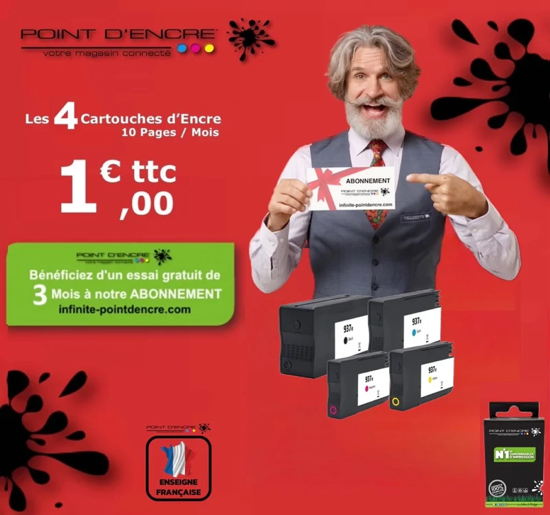 937eXL - ABONNEMENT - Pack de 4 Cartouches D'encre Noir/Cyan/Magenta/ Jaune - Grande capacité de Marque Française POINT D'ENCRE Pour imprimante compatible HP (cehp)