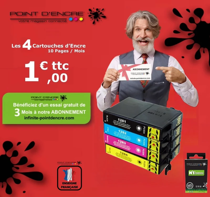 T1285 - Renard - ABONNEMENT - NOIR / CYAN / MAGENTA / JAUNE - Grande capacité de Marque Française POINT D'ENCRE Pour imprimante compatible EPSON (cee)