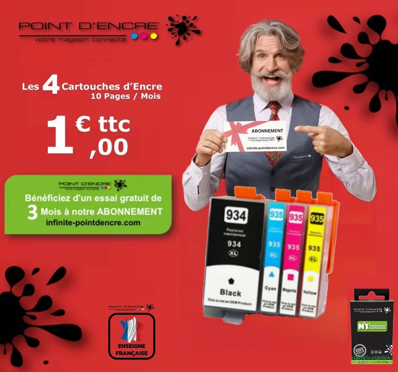 934XL / 935XL - ABONNEMENT - Pack de 4 Cartouches D'encre Noir/Cyan/Magenta/ Jaune - Grande capacité de Marque Française POINT D'ENCRE Pour imprimante compatible HP (cehp)