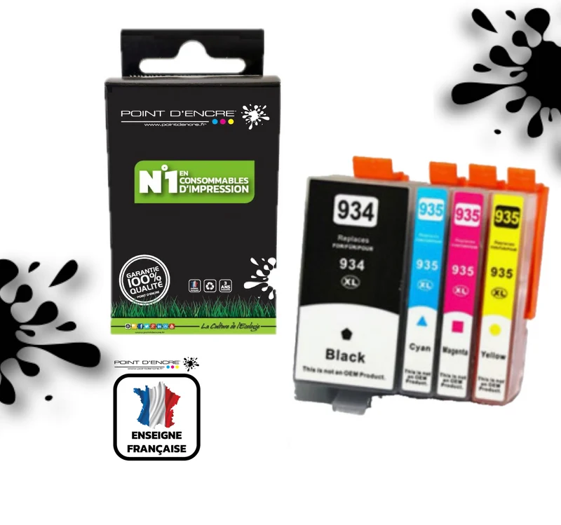 934XL / 935XL - Pack de 4 Cartouches D'encre Noir/Cyan/Magenta/ Jaune - Grande capacité de Marque Française POINT D'ENCRE Pour imprimante compatible HP (cehp)