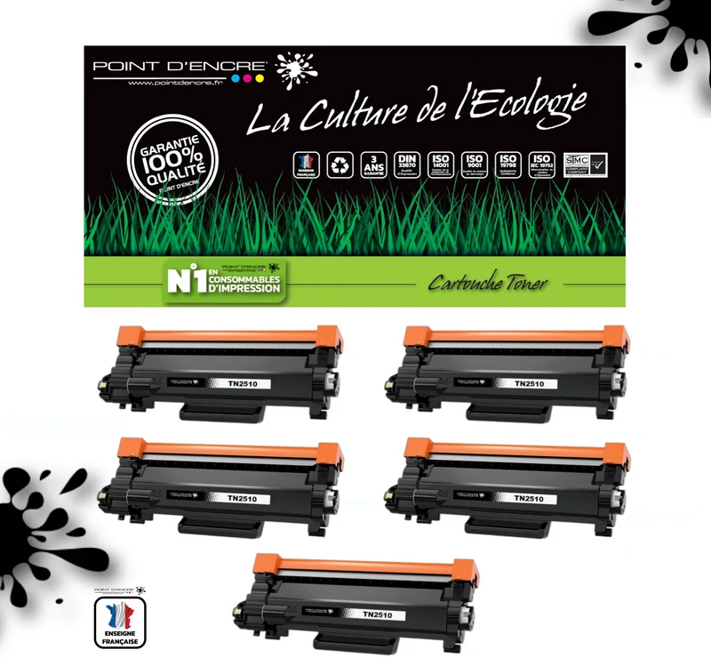 TN2510XL - 5 X NOIR - Grande capacité Marque Francaise POINT D'ENCRE pour Imprimantes compatibles Brother (clbr)