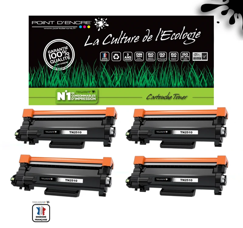 TN2510XL - 4 X NOIR - Grande capacité Marque Francaise POINT D'ENCRE pour Imprimantes compatibles Brother (clbr)