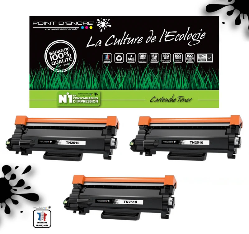 TN2510XL - 3 X NOIR - Grande capacité Marque Francaise POINT D'ENCRE pour Imprimantes compatibles Brother (clbr)