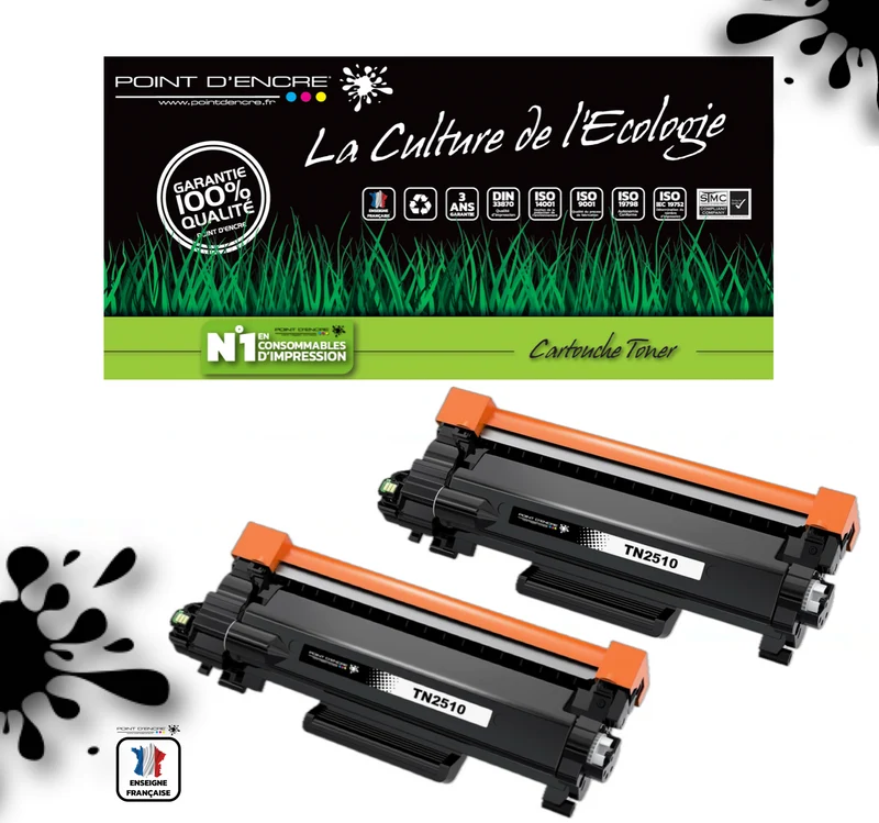 TN2510XL - 2 X NOIR - Grande capacité Marque Francaise POINT D'ENCRE pour Imprimantes compatibles Brother (clbr)