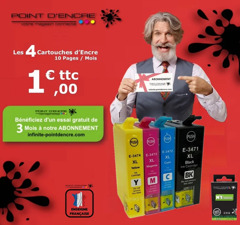 34XL / C13T34764010 - Balle de golf - ABONNEMENT - Noir / Cyan / Magenta / Jaune - Grande capacité de Marque Française POINT D'ENCRE Pour imprimante compatible EPSON (cee)