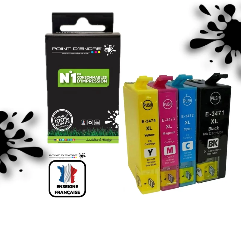 34XL / C13T34764010 - Balle de golf - Noir / Cyan / Magenta / Jaune - Grande capacité de Marque Française POINT D'ENCRE Pour imprimante compatible EPSON (cee)