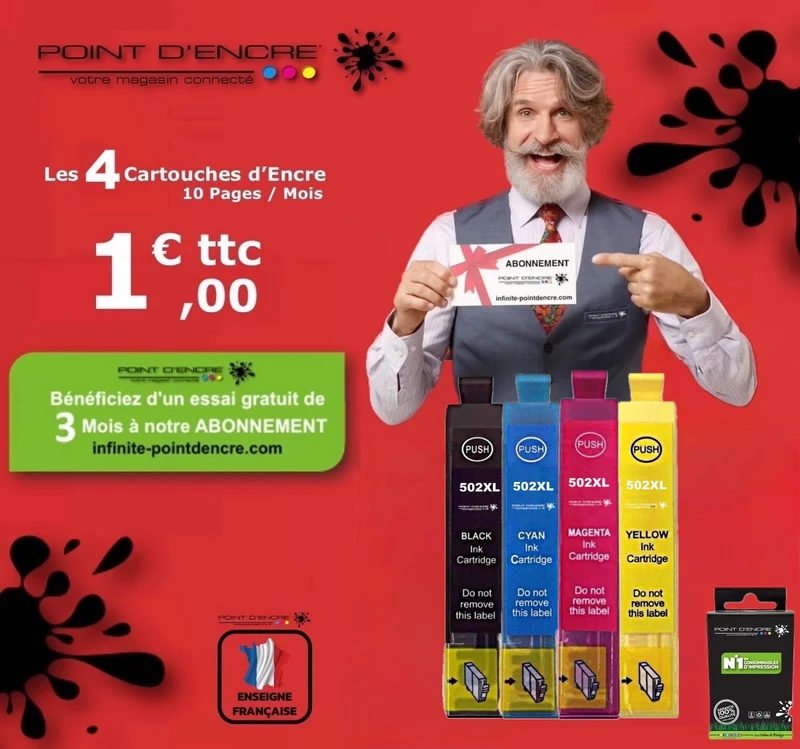 502XL - Jumelles - Abonnement - Noir/Cyan/Magenta/ Jaune - Grande capacité de Marque Française POINT D'ENCRE Pour imprimante compatible EPSON (cee)