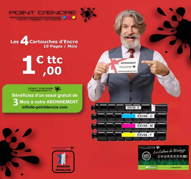 C-EXV49 - ABONNEMENT - NOIR 8524B002 / CYAN 8525B002 / MAGENTA 8526B002 / JAUNE 8527B002 - Grande capacité Marque Francaise POINT D'ENCRE pour Imprimantes compatibles Brother (clc)