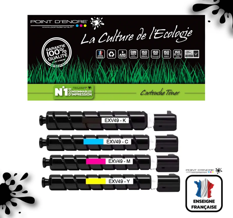 C-EXV49 - NOIR 8524B002 / CYAN 8525B002 / MAGENTA 8526B002 / JAUNE 8527B002 - Grande capacité Marque Francaise POINT D'ENCRE pour Imprimantes compatibles Brother (clc)