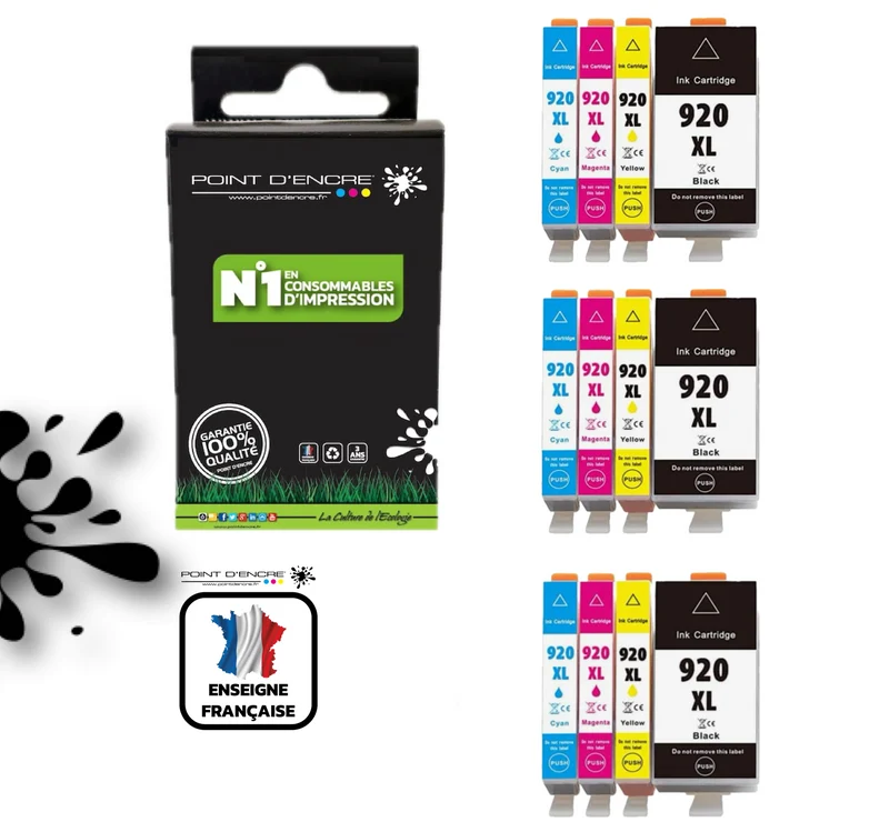 920XL - 3 X Pack de 4 Cartouches D'encre Noir/Cyan/Magenta/ Jaune - Grande capacité de Marque Française POINT D'ENCRE Pour imprimante compatible HP (cehp)